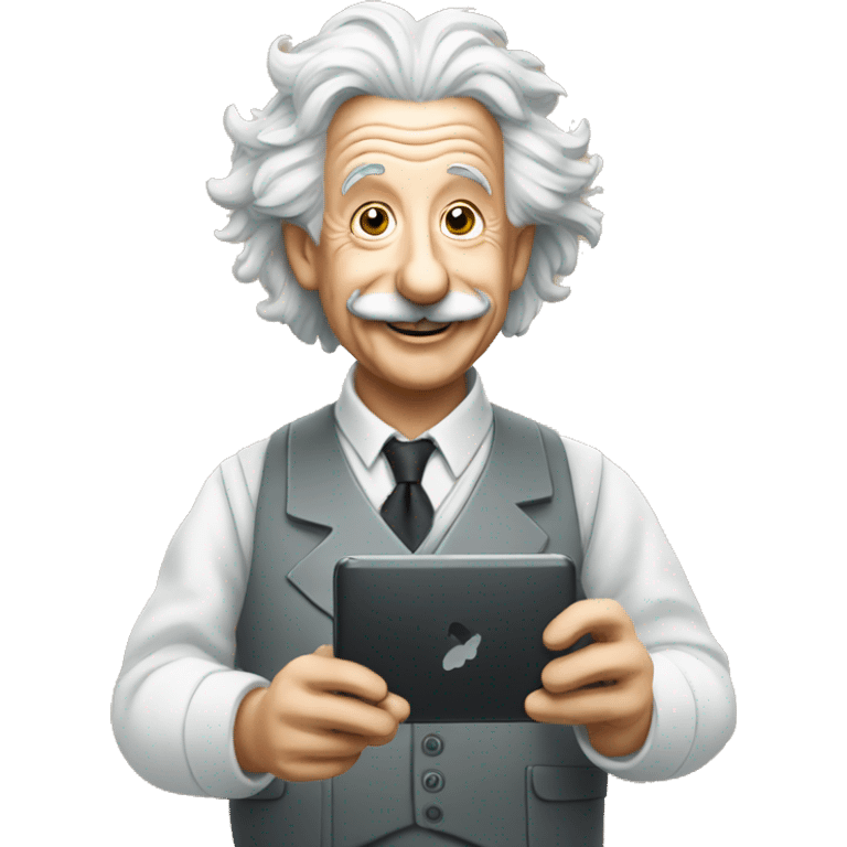 happy albert einstein holding computer in one hand emoji