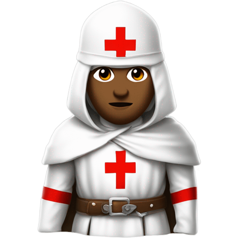 Masonic knight Templar wearing a white tunic with a Red Cross on the front, a white mantle with a hood. And a Red Cross on the left side. A male head with a red smokers cap on. He should be holding a sword in the carry position. emoji