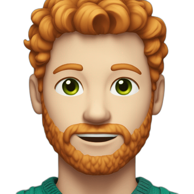 Ginger haired hunk with green eyes, wearing a blue v neck sweater, chest hair emoji