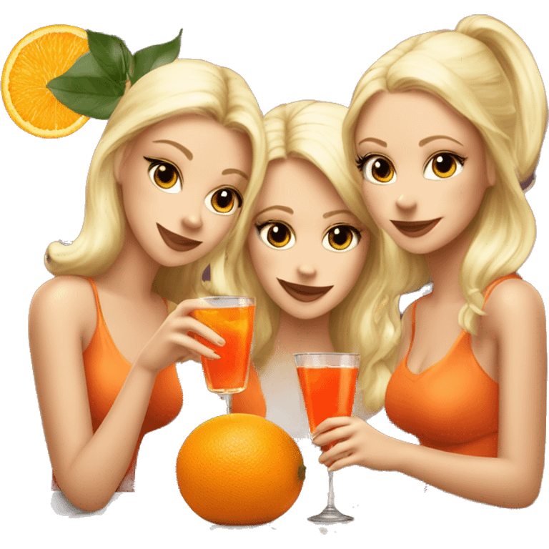 Three beautiful blond girls drinking aperol sitting on oranges emoji