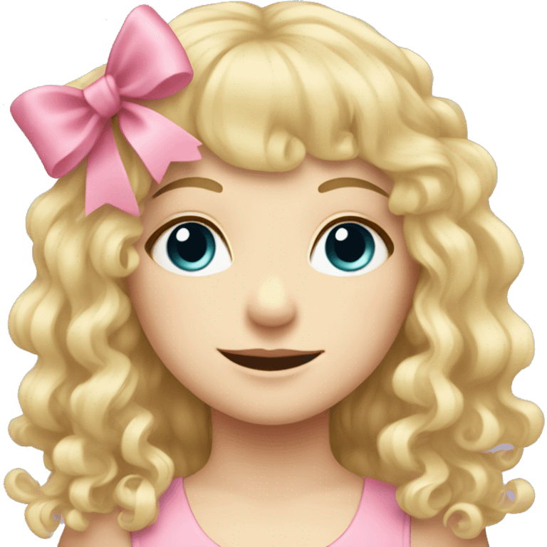 Blonde pale girl with bangs and pink bows in her curly, long hair  emoji