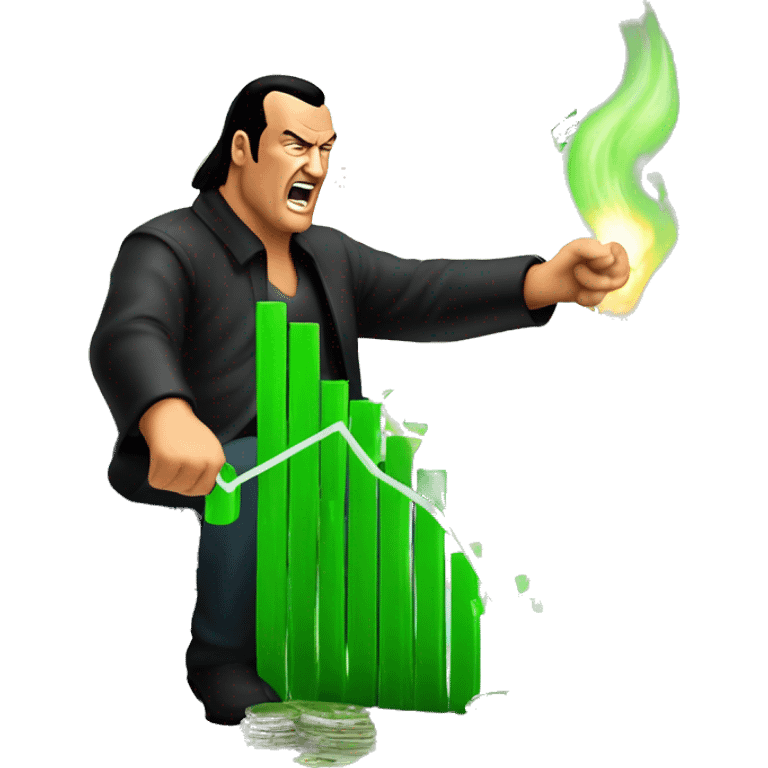 Steven Seagal beating a green graph chart candle while money flying emoji