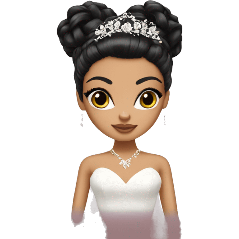 Bratz, bride, black updo hair, olive skin, hazel almond cat eyes emoji