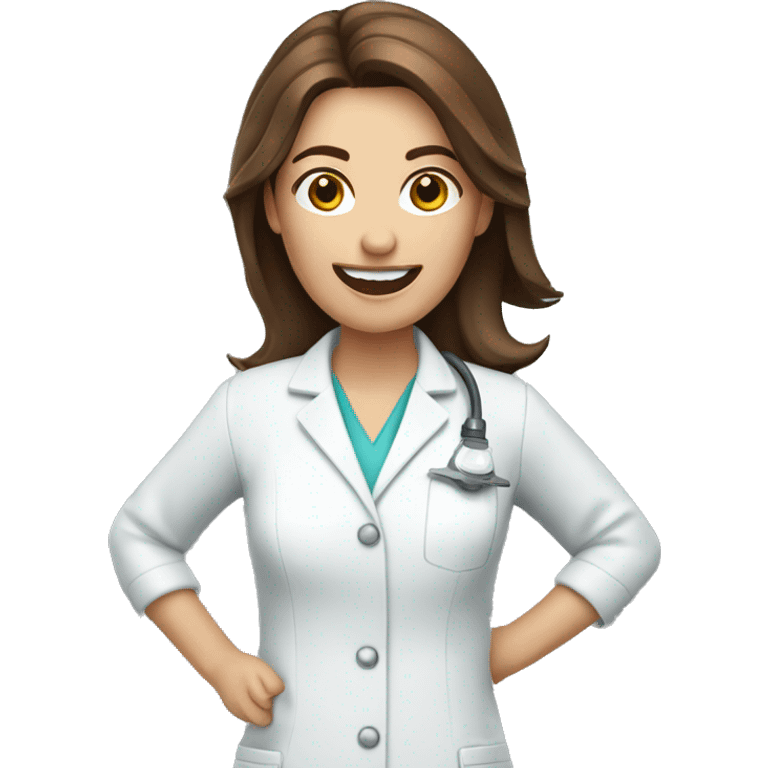 Brown haired female dentist holding drill emoji