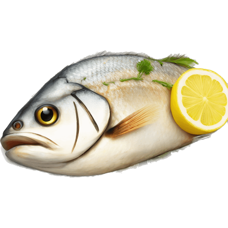 Realistic plated grilled fish on plate with lemon emoji