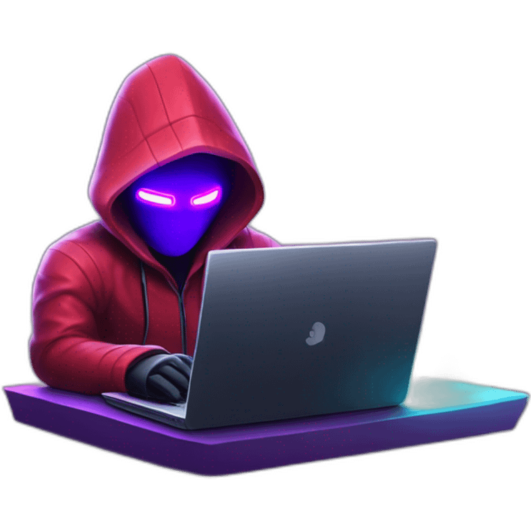 developer behind his laptop with this style : Crytek Crysis Video game neon glowing bright purple character red black hooded hacker themed character emoji