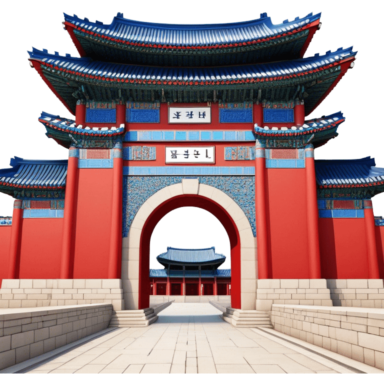 ​Cinematic Realistic Gwanghwamun Gate, depicted as a majestic historic gateway with traditional Korean architectural details, vibrant red and blue accents, and intricate carvings, set against a backdrop of modern Seoul under dynamic, natural lighting that highlights its timeless grandeur, emoji