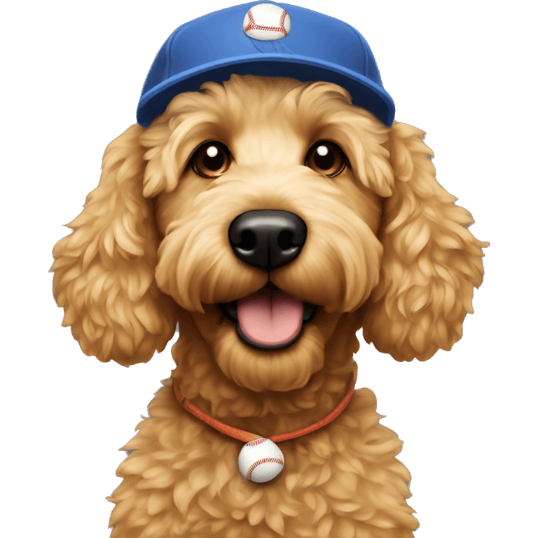 Golden doodle wearing a baseball hat emoji