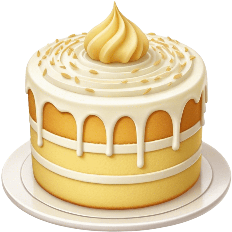 Cinematic Realistic Simple Vanilla Cake, a perfectly baked golden sponge with soft, airy layers, delicate vanilla frosting smoothly spread across the top, tiny flecks of vanilla bean visible, warm golden lighting creating depth, glowing with a sweet, irresistible charm. emoji