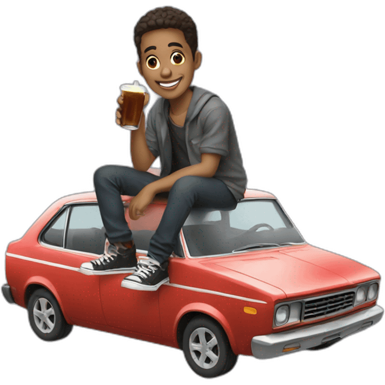 Young men, sit on a car, drinks cola emoji