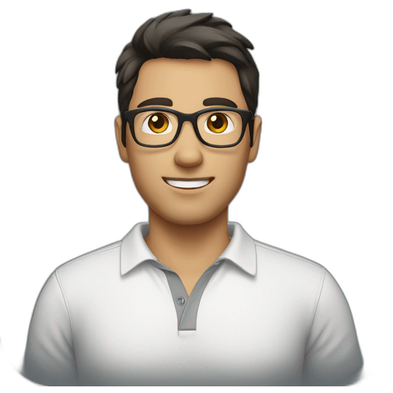 guy with dark hair, a white polo and grey glasses emoji