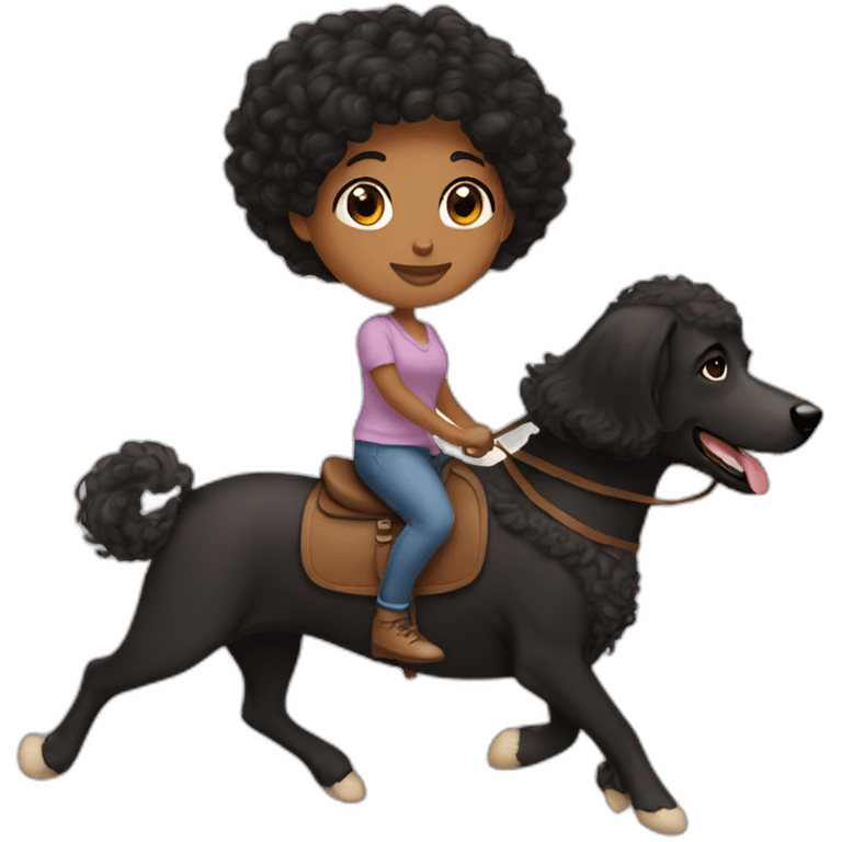 Brown girl straight black hair riding a bernadoodle emoji