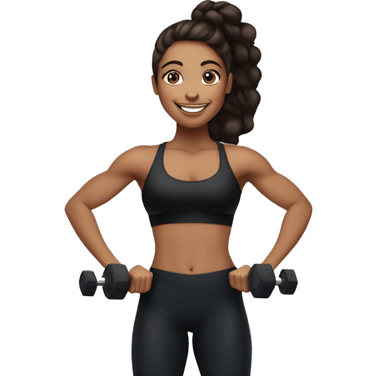 Gym girl lifting weights,bruenette hair blue eyes, smiling wearing black gym leggings emoji