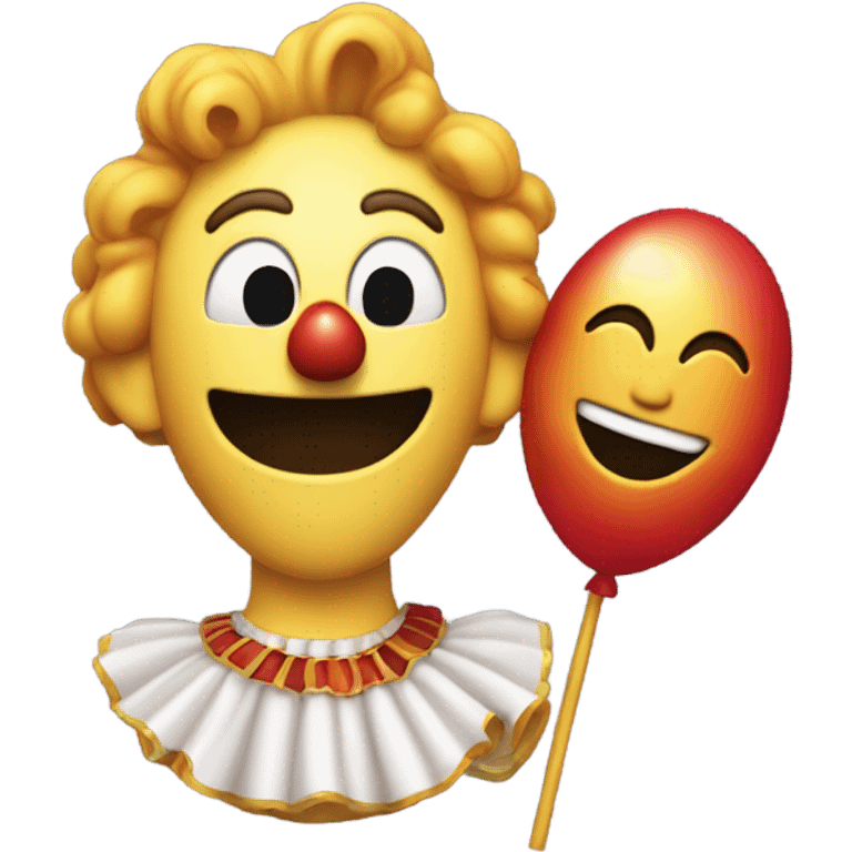 smiling emoji holding a clown prop to its head, with the word bang coming out the other ear emoji