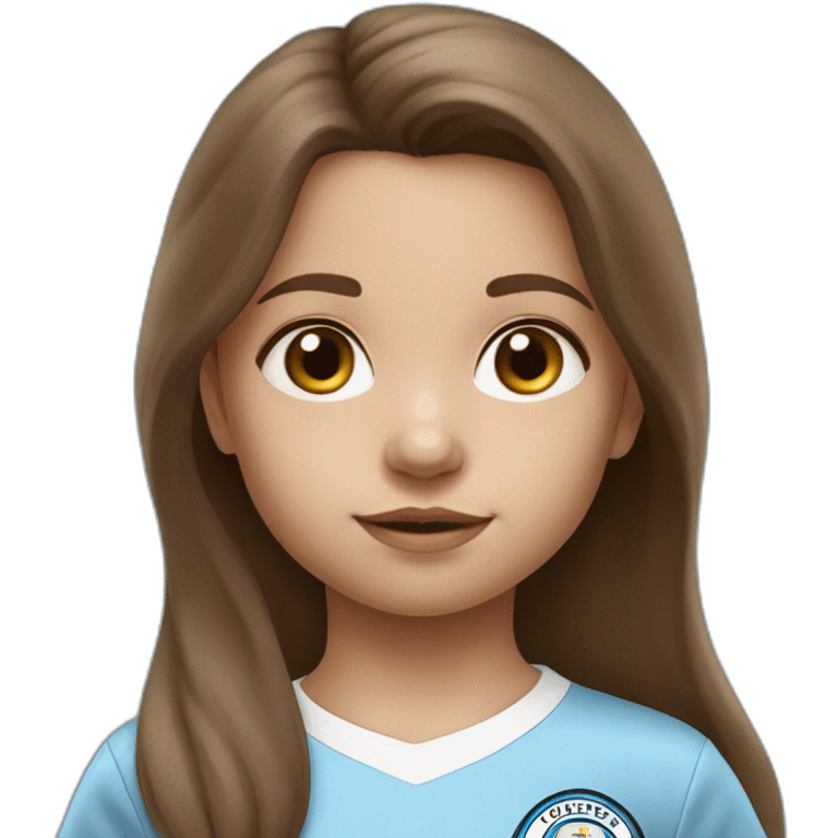 2 year old girl with long brown hair and eyes wearing Manchester City football shirt emoji