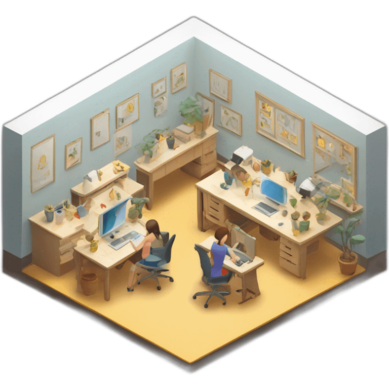 isometric square transparent solid outline border containing indoor creative workshop people actively working emoji