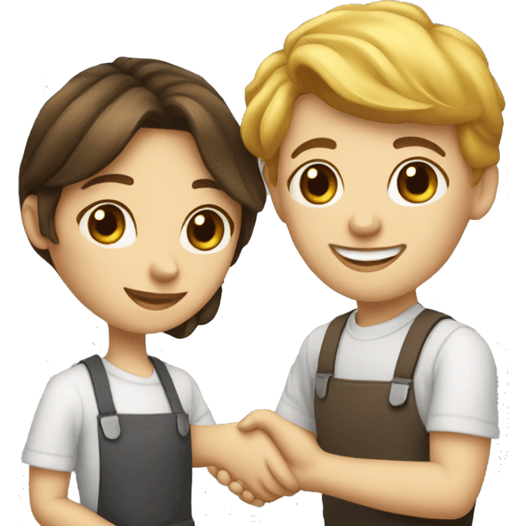 an adult restaurant owner and a young blogger shaking hands, both with fair skin, in great detail emoji