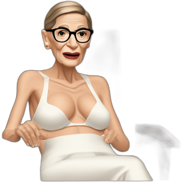 sexy ruth bader ginsburg wearing string bikini with crotchless bikini bottoms bare chest acting out that scene from basic instinct (full body, ios17, sitting legs apart) emoji