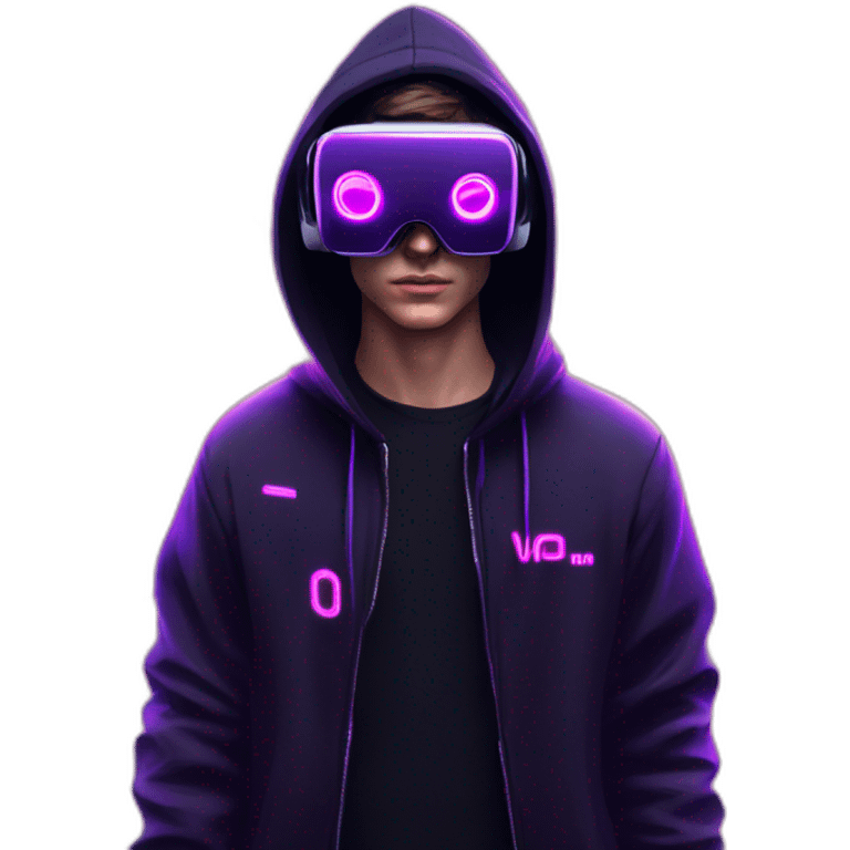 Russian young man wearing a black hoodie with "OMG" letters on it and VR headset in a cyberpunk VR environment with violet neon lighting. emoji