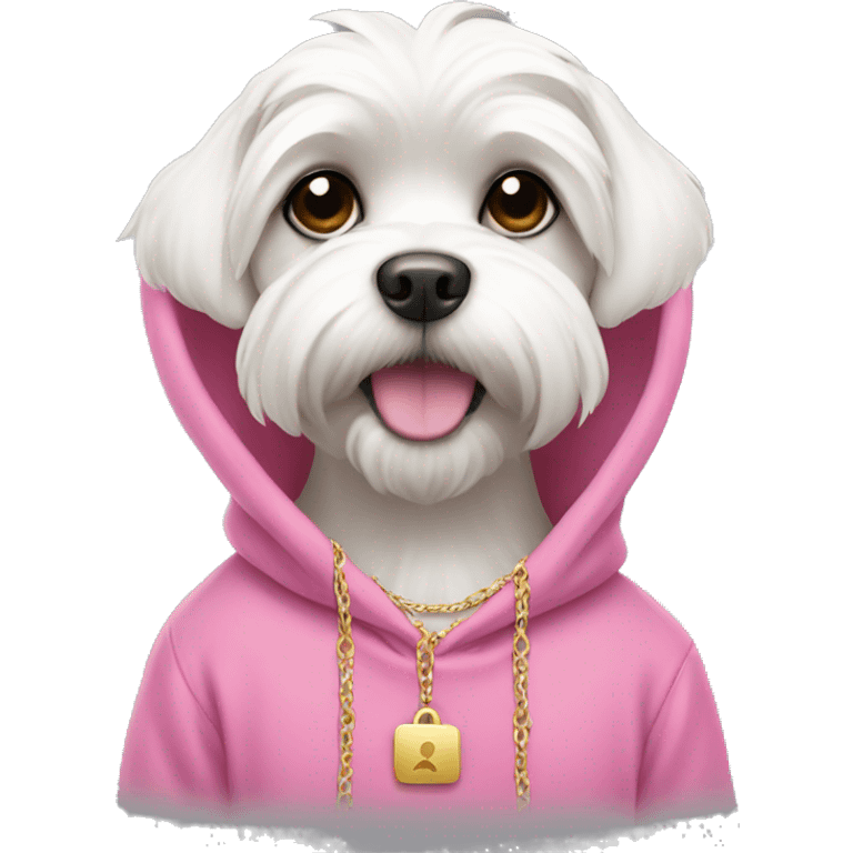 White Maltese wearing pink hoodie with gold necklace  emoji