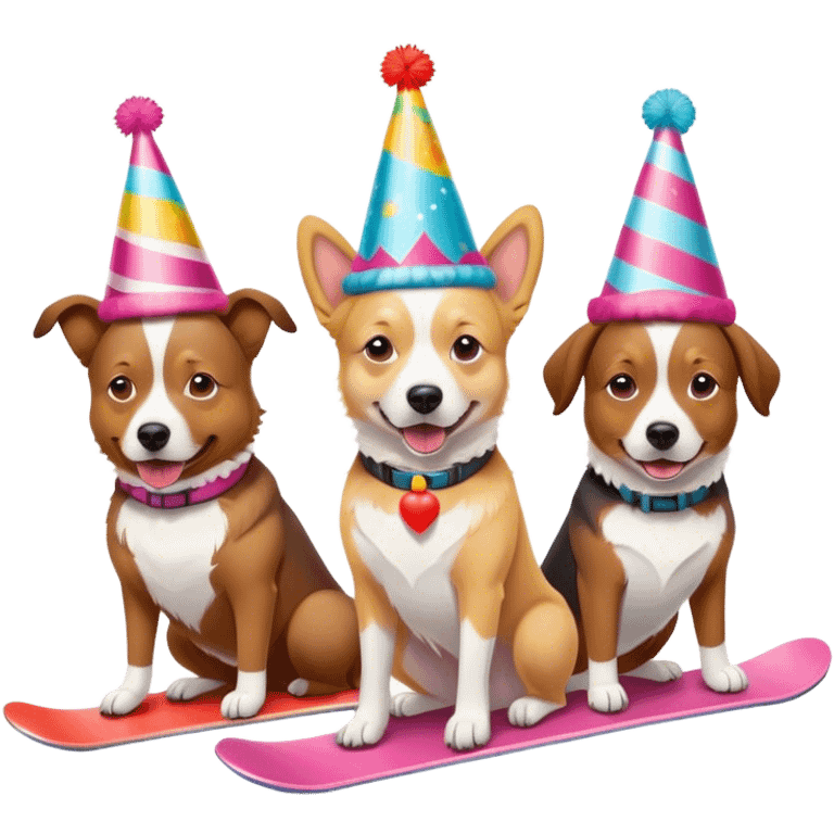 3 dogs snowboarding birthday party emoji