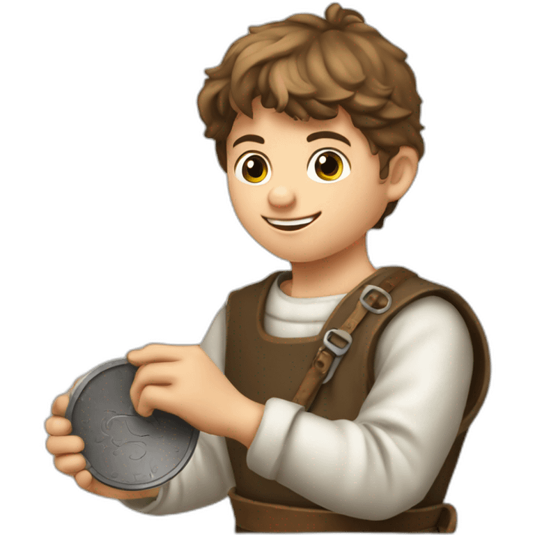 young coin engraver apprentice yielding tool, medieval age emoji