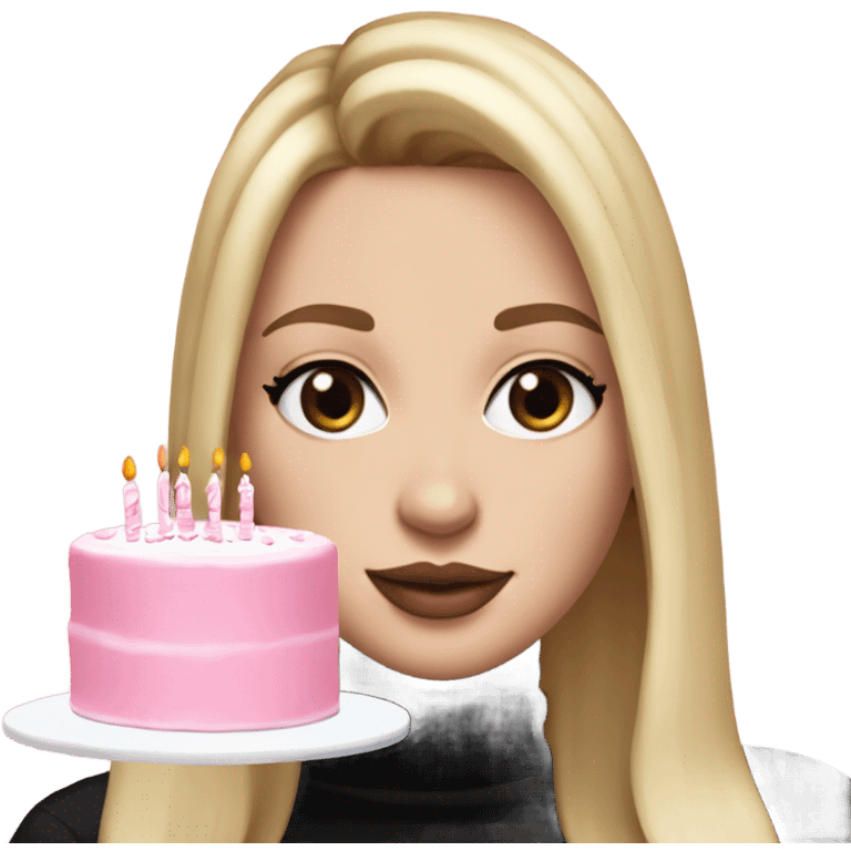 White girl with blonde straight hair, pink lips, dark eyes, black turtleneck, white and pink birthday cake in hands emoji