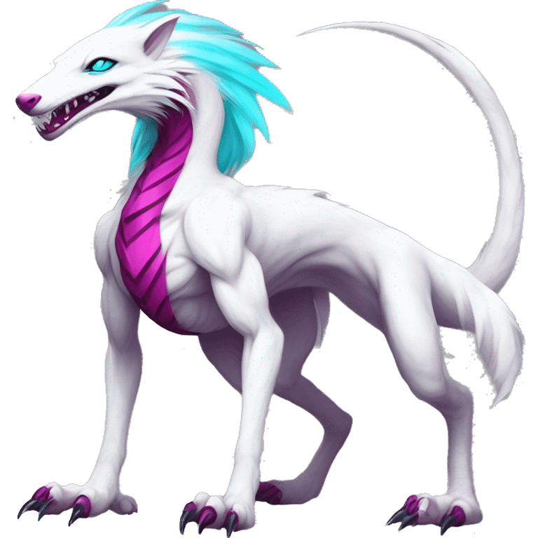 White badass elegant wil beautiful natural cute badass epic anthro modern albino sergal-vernid-creature with cyan mane and magenta eyes with cyan edgy stripes, full body emoji