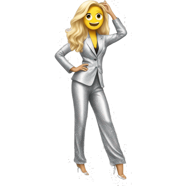 dancing white woman with long hair in a sparkly pantsuit in a snazzy pose emoji