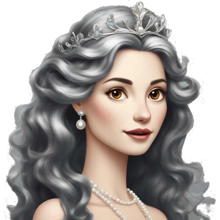 Regal pretty slender middle age woman photograph defined cheekbones high cheekbones crown vintage with very long iridescent black and silver hair wavy long hair pearl crown iridescent emoji