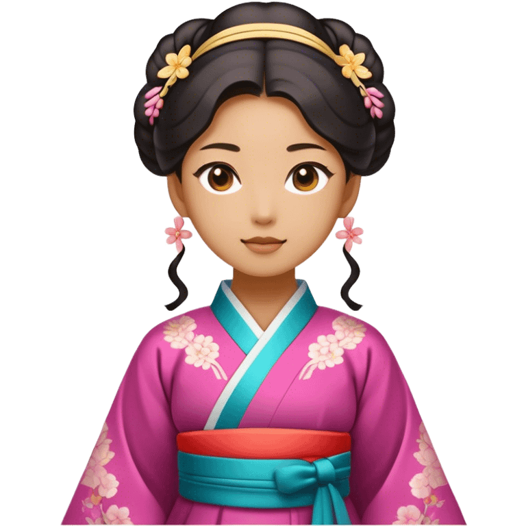 Cinematic Realistic Hanbok Emoji, depicted as a graceful intricately designed traditional Korean dress with vibrant colors and flowing lines, rendered with delicate textures and soft cultural lighting that captures its timeless elegance. emoji