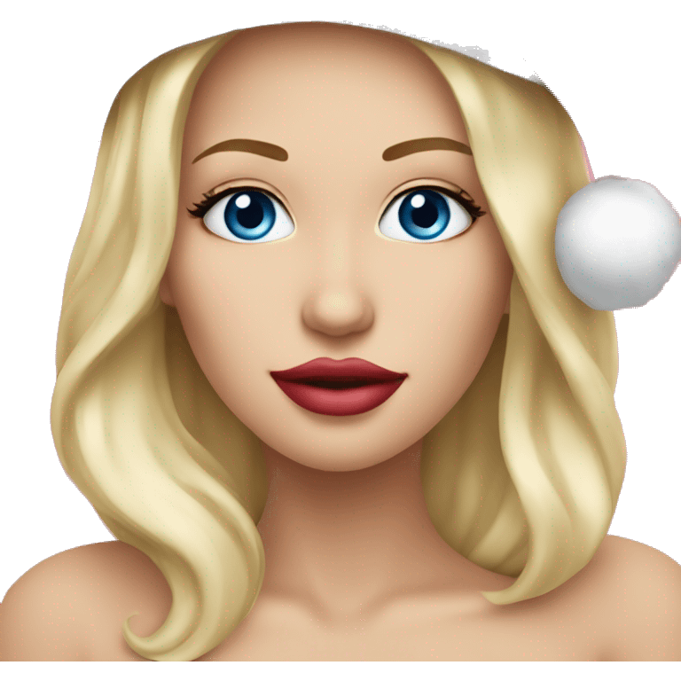 Beautiful blonde blue eyed woman, pink lips, wearing red santa hat emoji