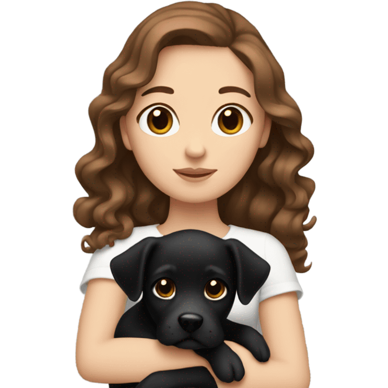 white girl with wavy brown hair holding black dog emoji