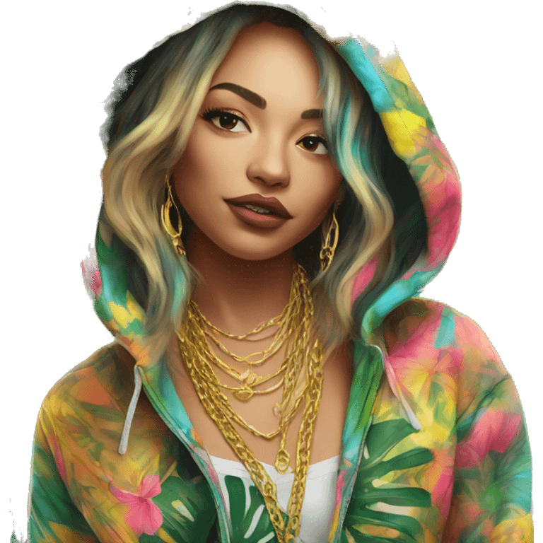 Trendy lady tropical multicoloured baroque hoodie with tattoos and gold chain emoji