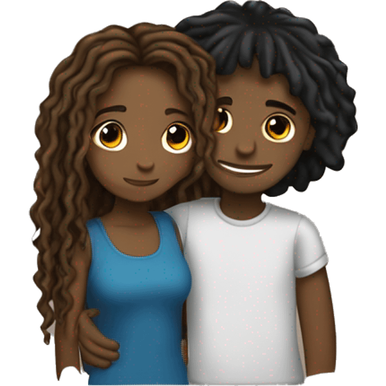 Brown girl with wavy hair hugging black boy who has dreads  emoji