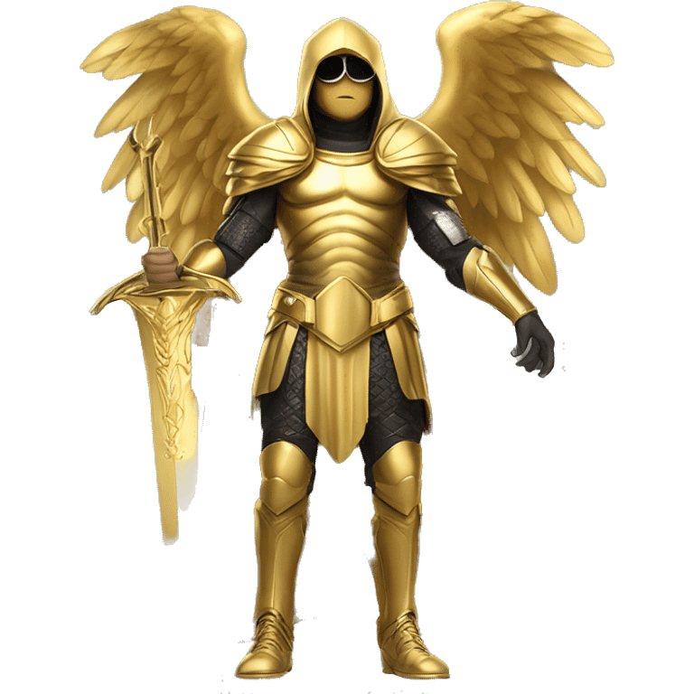 golden archangel, a guy of European appearance in black glasses, in full height, with golden wings and in golden armor, in his hand a golden sword, in a golden hood emoji