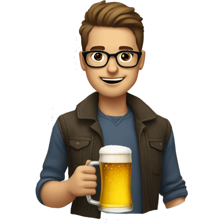 stylish young man with glasses drinking a beer by a cae emoji