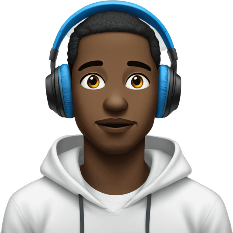 A young black man with blue headphones and a white hoodie, eyes wide and expressive, absorbed in the music. His look is focused and relaxed, capturing the essence of a true listener. emoji