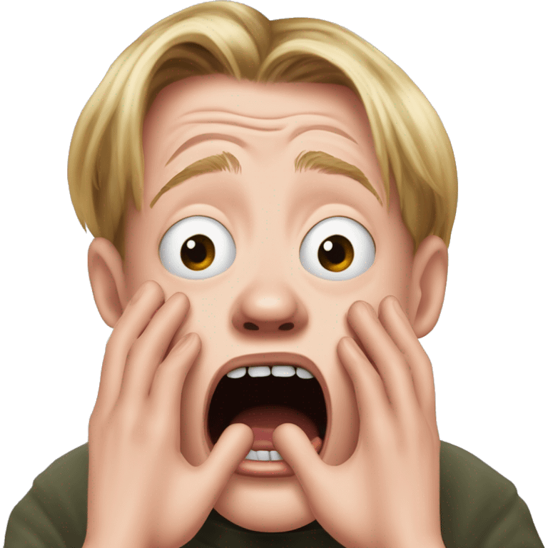 macaulay culkin from Home Alone, putting both hands on his face and screaming of fear. bring the hands down lik he is putting on his cheeks. emoji