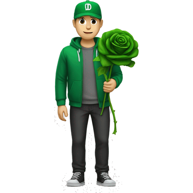 an white man stands still with a "D" written green cap and clothes holds a black rose emoji