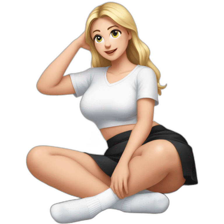 Front view full body curvy caucasian beauty sits on the floor straight hands up black skirt white knickers white socks emoji