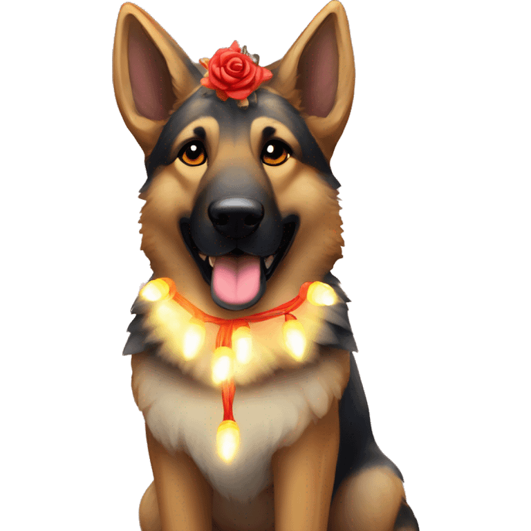 Brindled German shepherd fox carrying glowing red lantern, fairy lights, rose flower crown emoji