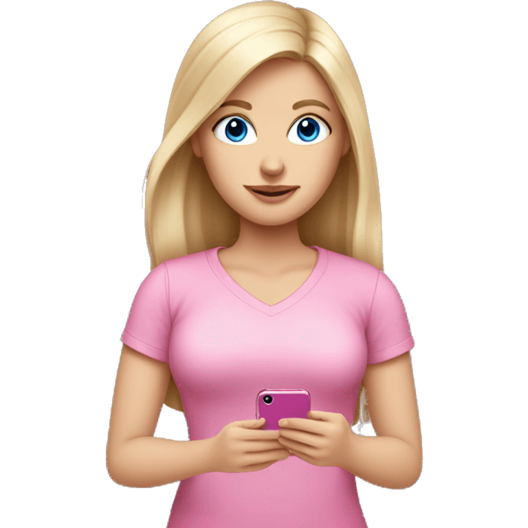 a blue eyed white dark blond hair girl wearing a pink shirt holding a pink iphone  emoji