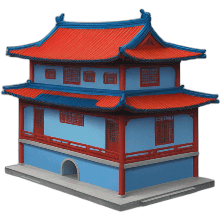 the facade of a medium-sized Chinese-style house with a blue roof and red wooden structures emoji