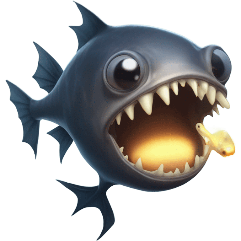 Anglerfish with a glowing lure hanging from its forehead, sharp teeth, and big eyes. emoji