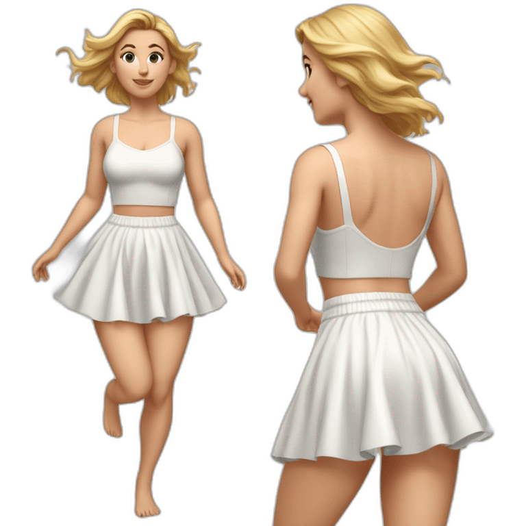 hyperrealistic-full-body-caucasian-curvy-beauty-jumping-small white-skirt-back-and-front-views-strong-wind-knickers emoji