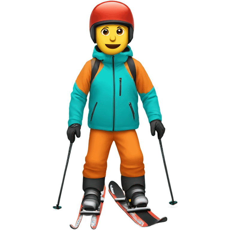 white man skiing wearing a ORANGE JACKET and wearing a RED HELMET and wearing TURQUOISE PANTS emoji