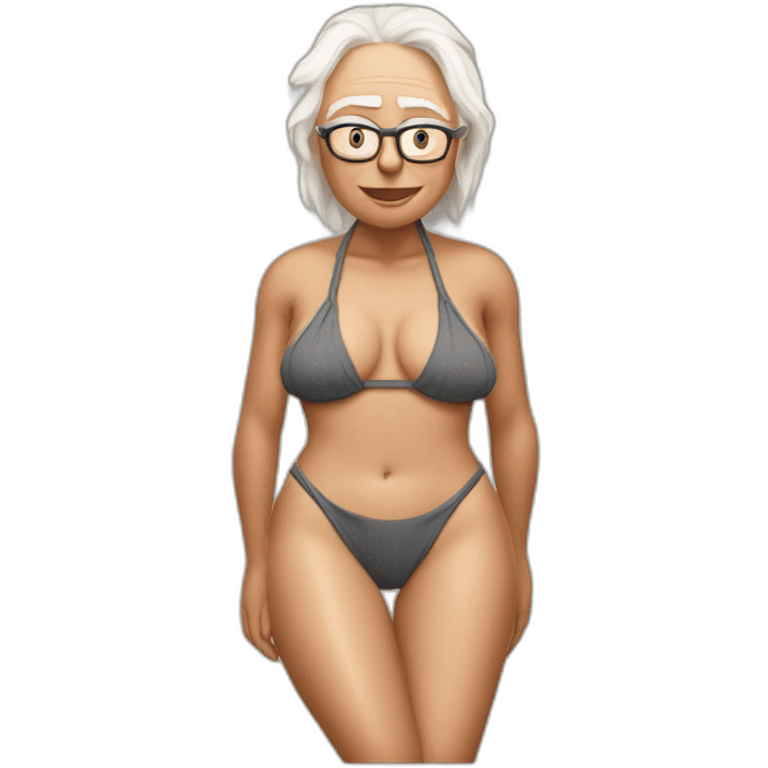 bernie sanders wearing string bikini bottoms acting out that scene from basic instinct sitting facing forward legs apart(full body, ios17) emoji