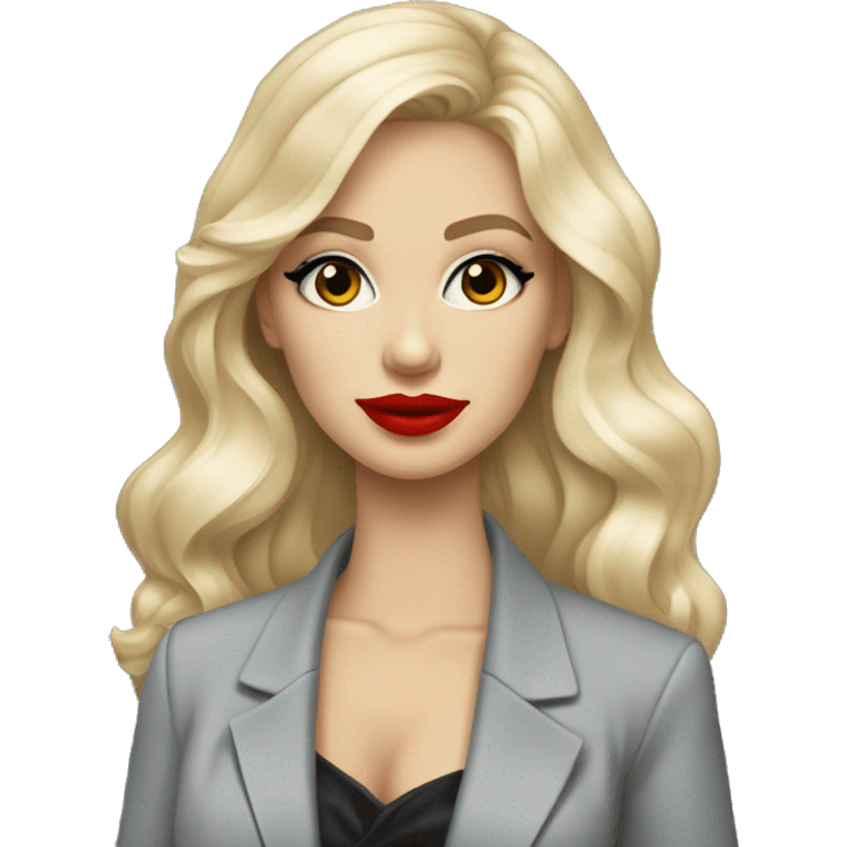 Russian Blonde long hair with red lips small nose and black eyes Tiffany diamond seller in a grey suit emoji