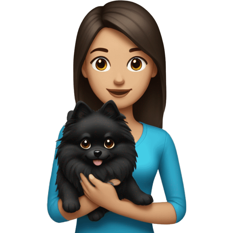 A brunette with light highlights and blue eyes holds a black pomeranian in her hands emoji